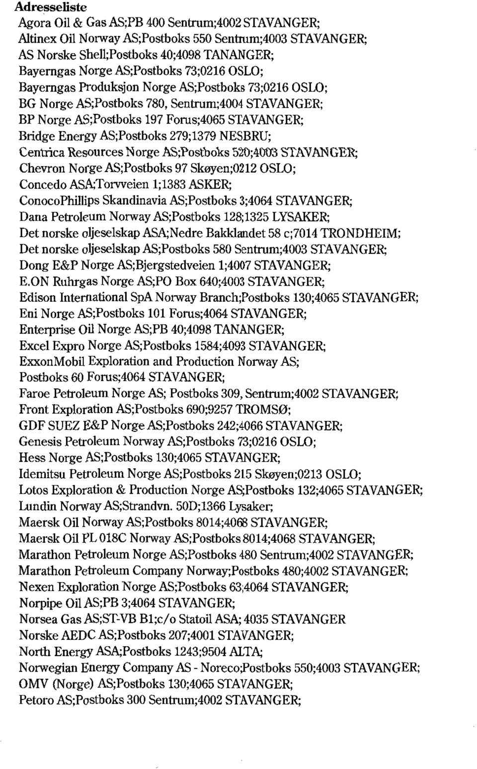 NESBRU; Centrica Resources Norge AS;Postboks 520;4003 SIAVAN GER; Chevron Norge AS;Postboks 97 Skøyen;0212 OSLO; Concedo ASA;Torvveien 1;1383 ASKER; ConocoPhillips Skandinavia AS;Postboks 3;4064