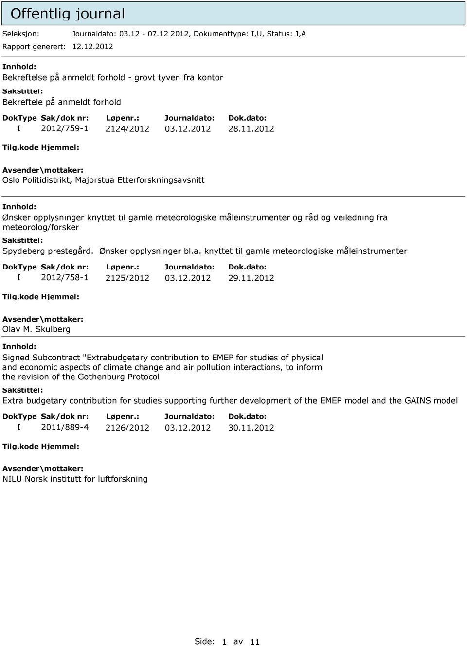 Ønsker opplysninger bl.a. knyttet til gamle meteorologiske måleinstrumenter 2012/758-1 2125/2012 29.11.2012 Olav M.