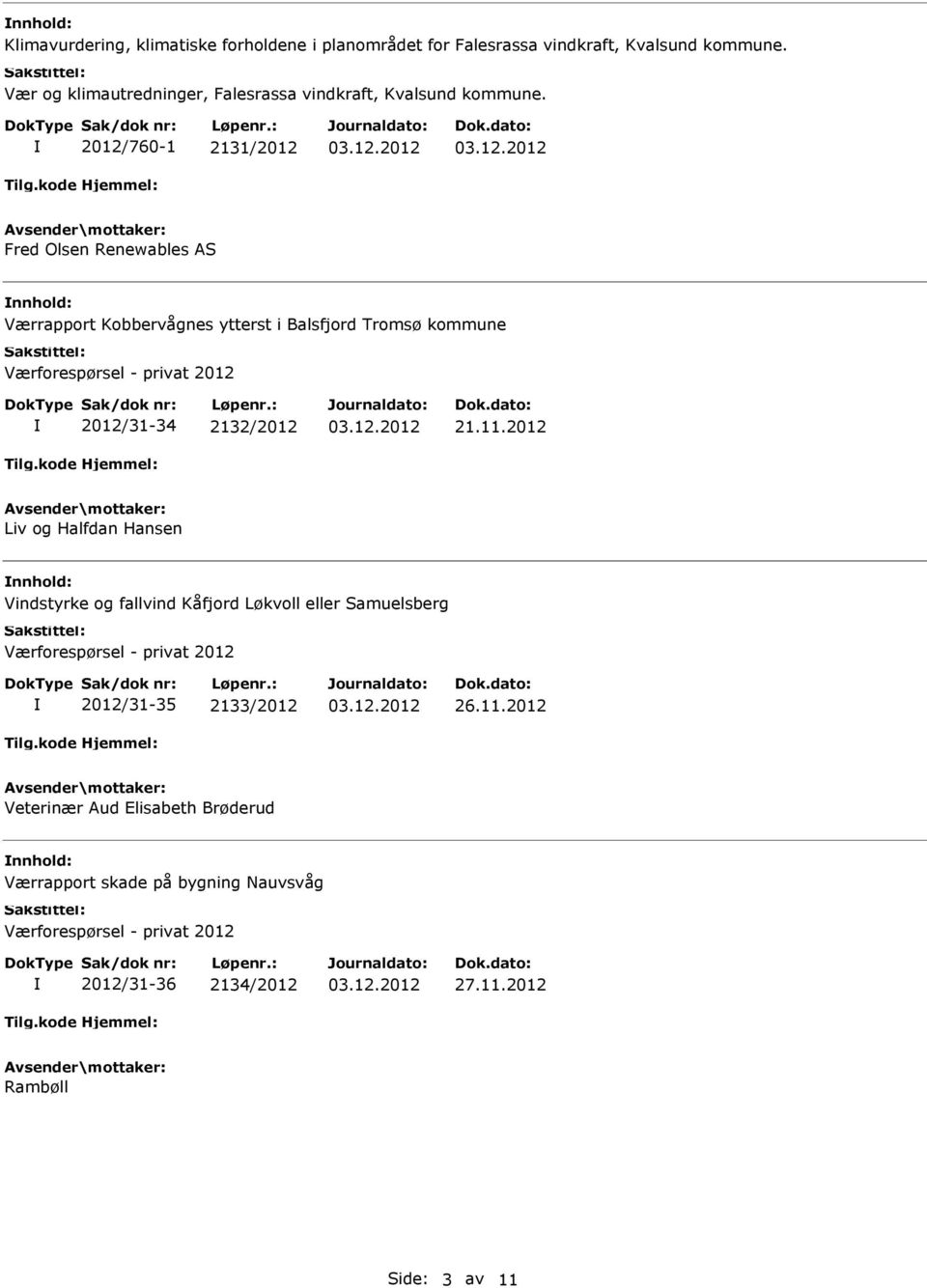 2012/760-1 2131/2012 Fred Olsen Renewables AS Værrapport Kobbervågnes ytterst i Balsfjord Tromsø kommune Værforespørsel - privat 2012 2012/31-34 2132/2012