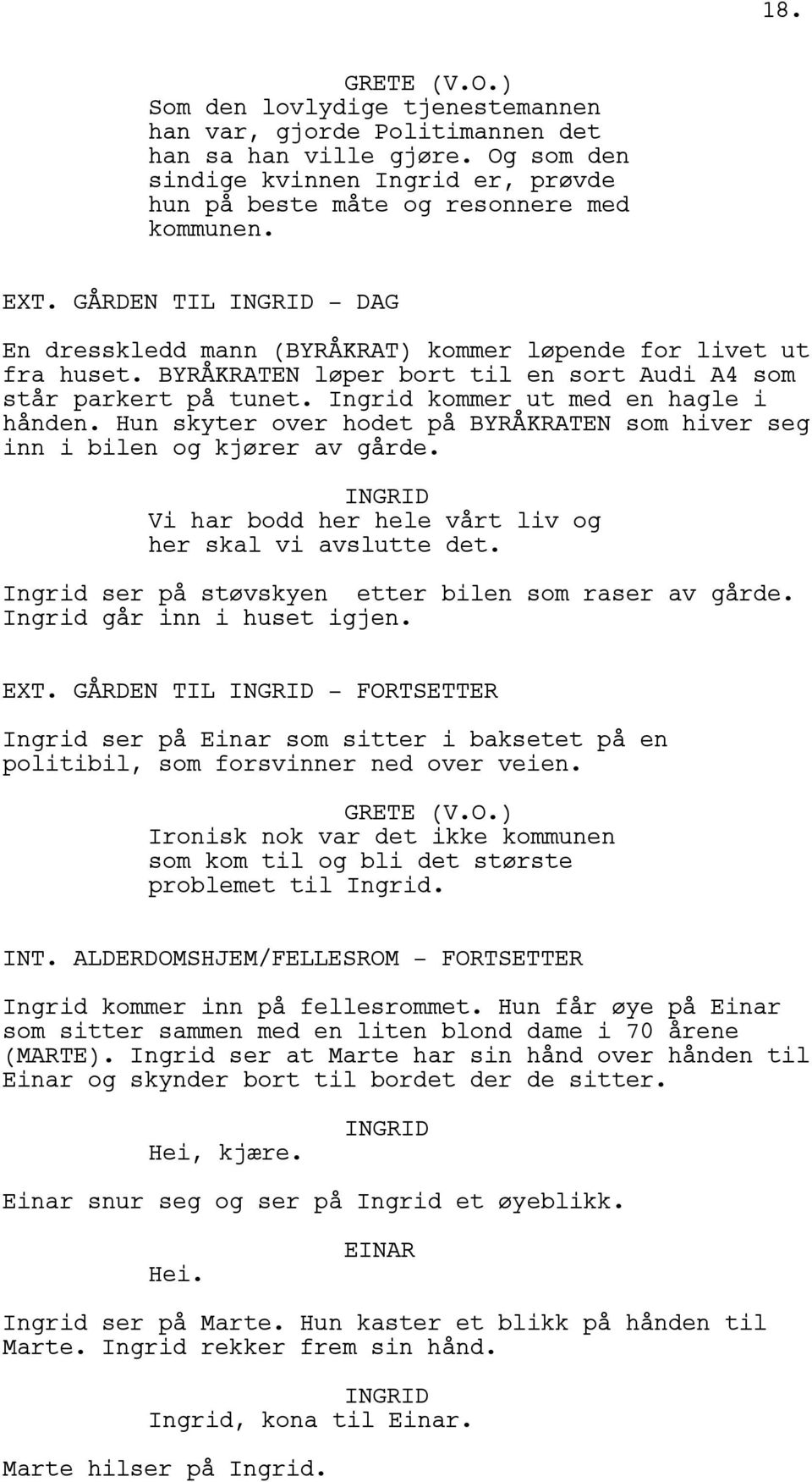 Hun skyter over hodet på BYRÅKRATEN som hiver seg inn i bilen og kjører av gårde. Vi har bodd her hele vårt liv og her skal vi avslutte det. Ingrid ser på støvskyen etter bilen som raser av gårde.