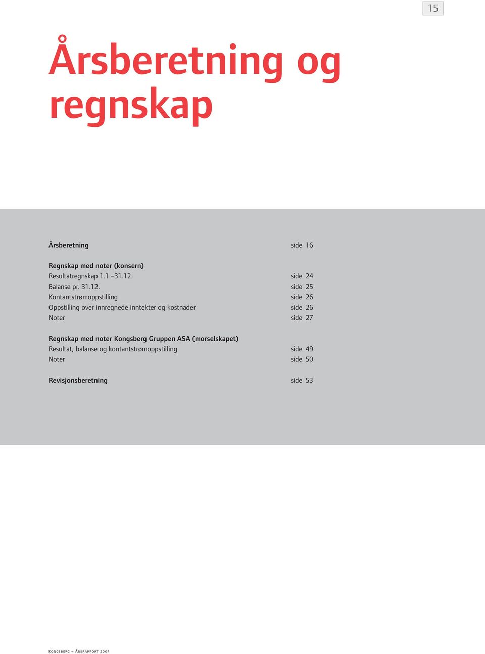 inntekter og kostnader side 26 Noter side 27 Regnskap med noter Kongsberg Gruppen ASA