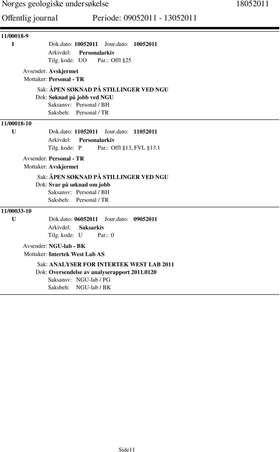 dato: 11052011 Jour.dato: 11052011 Arkivdel: Personalarkiv Tilg. kode: P Par.: Offl 13, FVL 13.