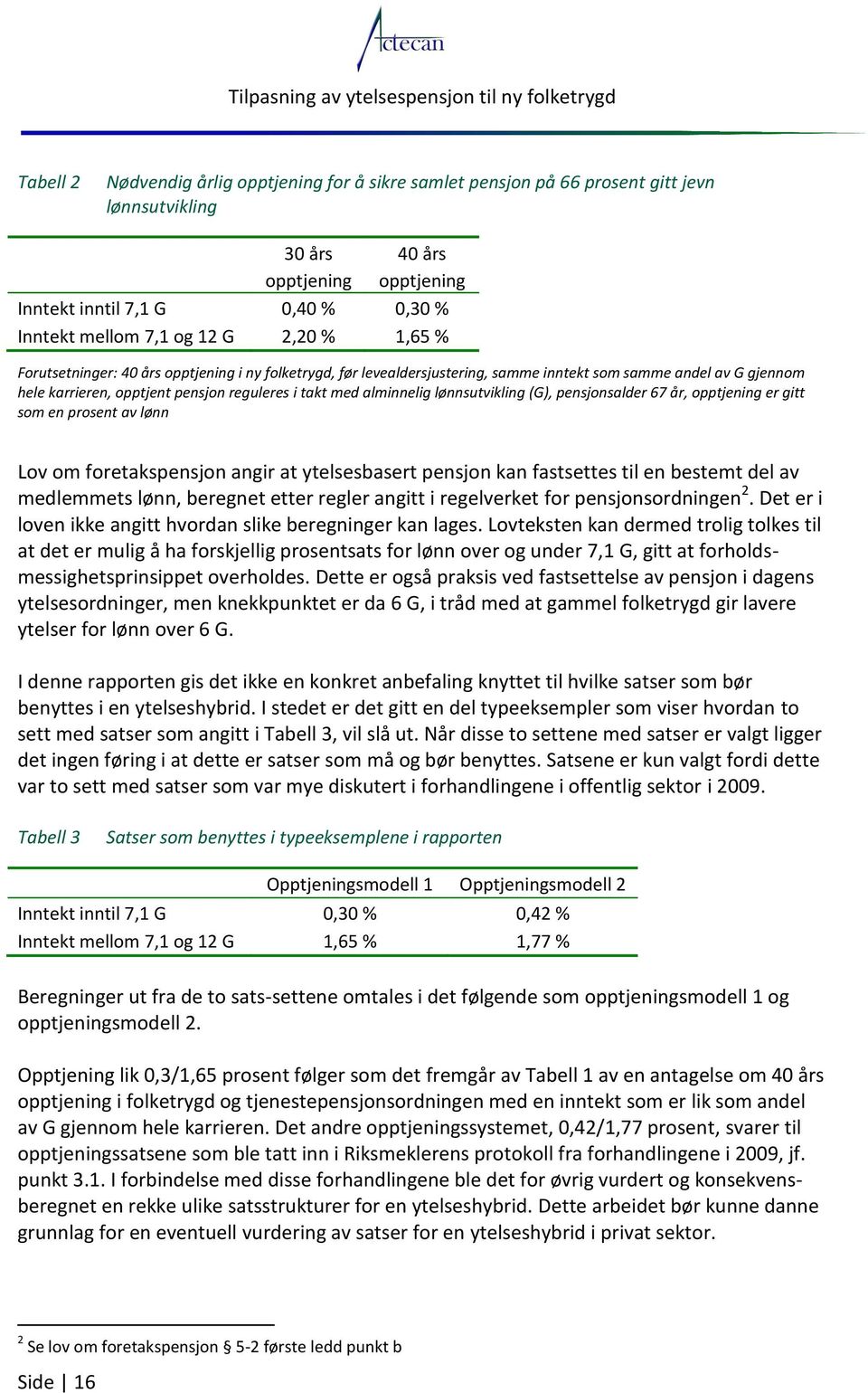 lønnsutvikling (G), pensjonsalder 67 år, opptjening er gitt som en prosent av lønn Lov om foretakspensjon angir at ytelsesbasert pensjon kan fastsettes til en bestemt del av medlemmets lønn, beregnet