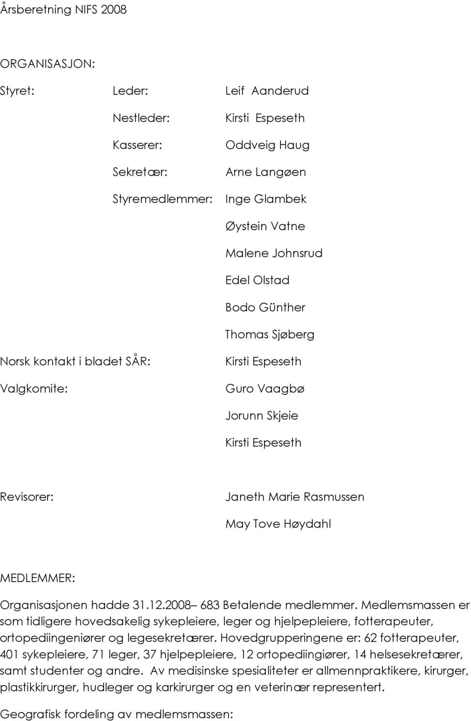 2008 683 Betalende medlemmer. Medlemsmassen er som tidligere hovedsakelig sykepleiere, leger og hjelpepleiere, fotterapeuter, ortopediingeniører og legesekretærer.