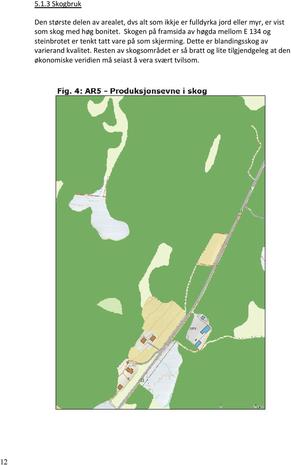 Skogen på framsida av høgda mellom E 134 og steinbrotet er tenkt tatt vare på som skjerming.