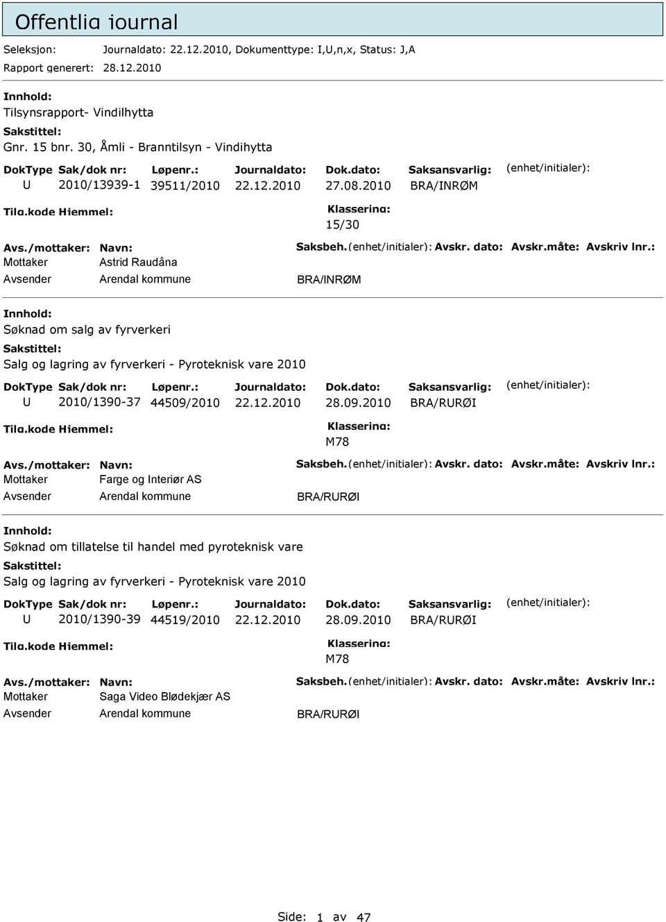 : Astrid Raudåna BRA/NRØM Søknad om salg av fyrverkeri Salg og lagring av fyrverkeri - Pyroteknisk vare 2010 2010/1390-37 44509/2010 28.09.2010 BRA/RRØ M78 Avs./mottaker: Navn: Saksbeh. Avskr.