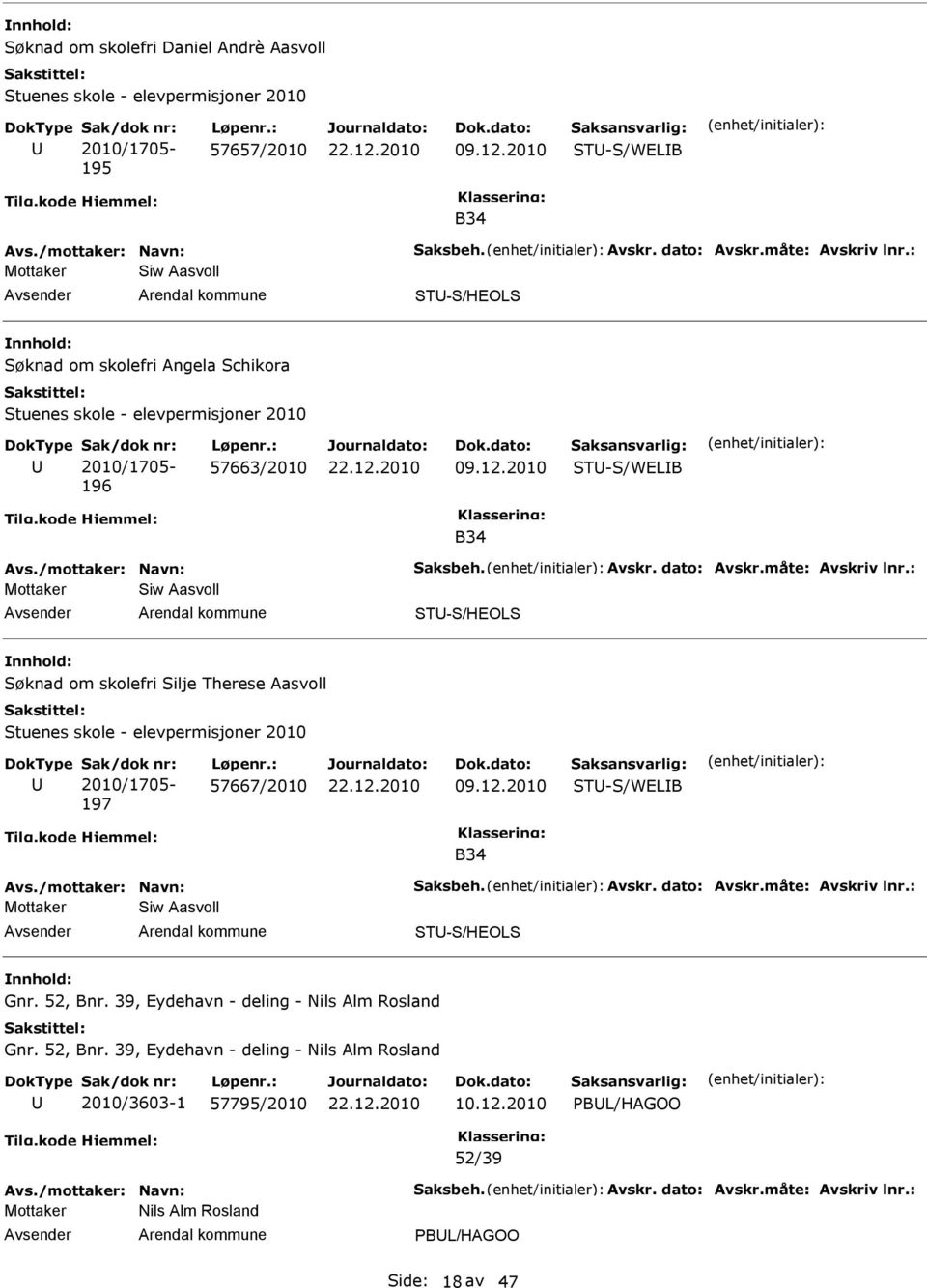 /mottaker: Navn: Saksbeh. Avskr. dato: Avskr.måte: Avskriv lnr.: Siw Aasvoll ST-S/HEOLS Søknad om skolefri Silje Therese Aasvoll Stuenes skole - elevpermisjoner 2010 Sak/dok nr: 2010/1705-197 Løpenr.