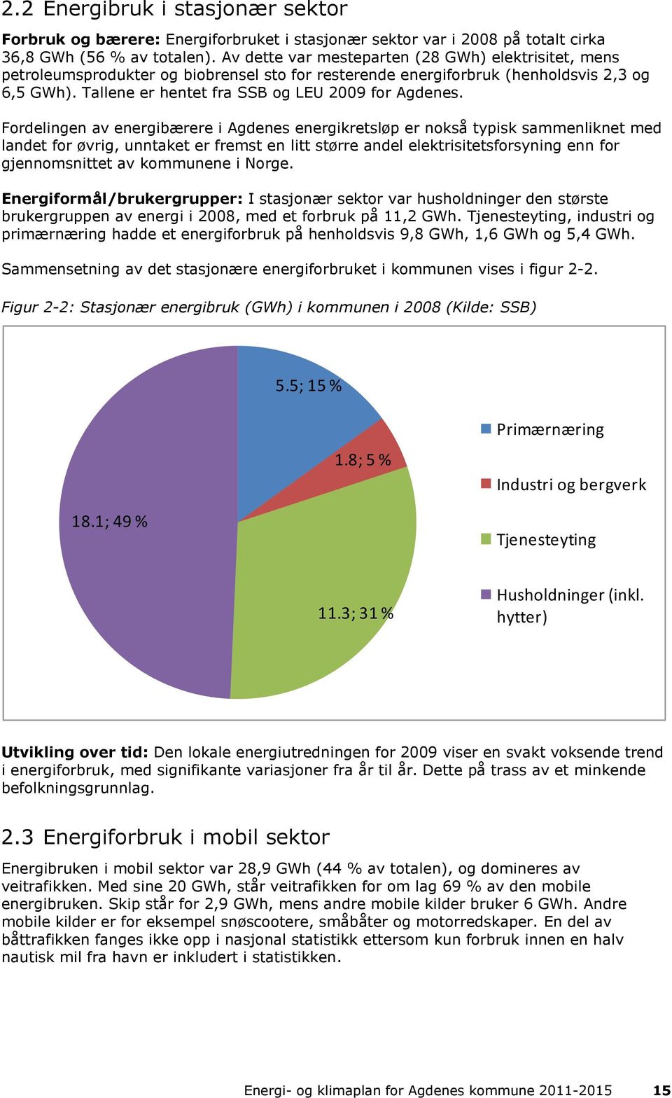 Fordelingen av energibærere i Agdenes energikretsløp er nokså typisk sammenliknet med landet for øvrig, unntaket er fremst en litt større andel elektrisitetsforsyning enn for gjennomsnittet av