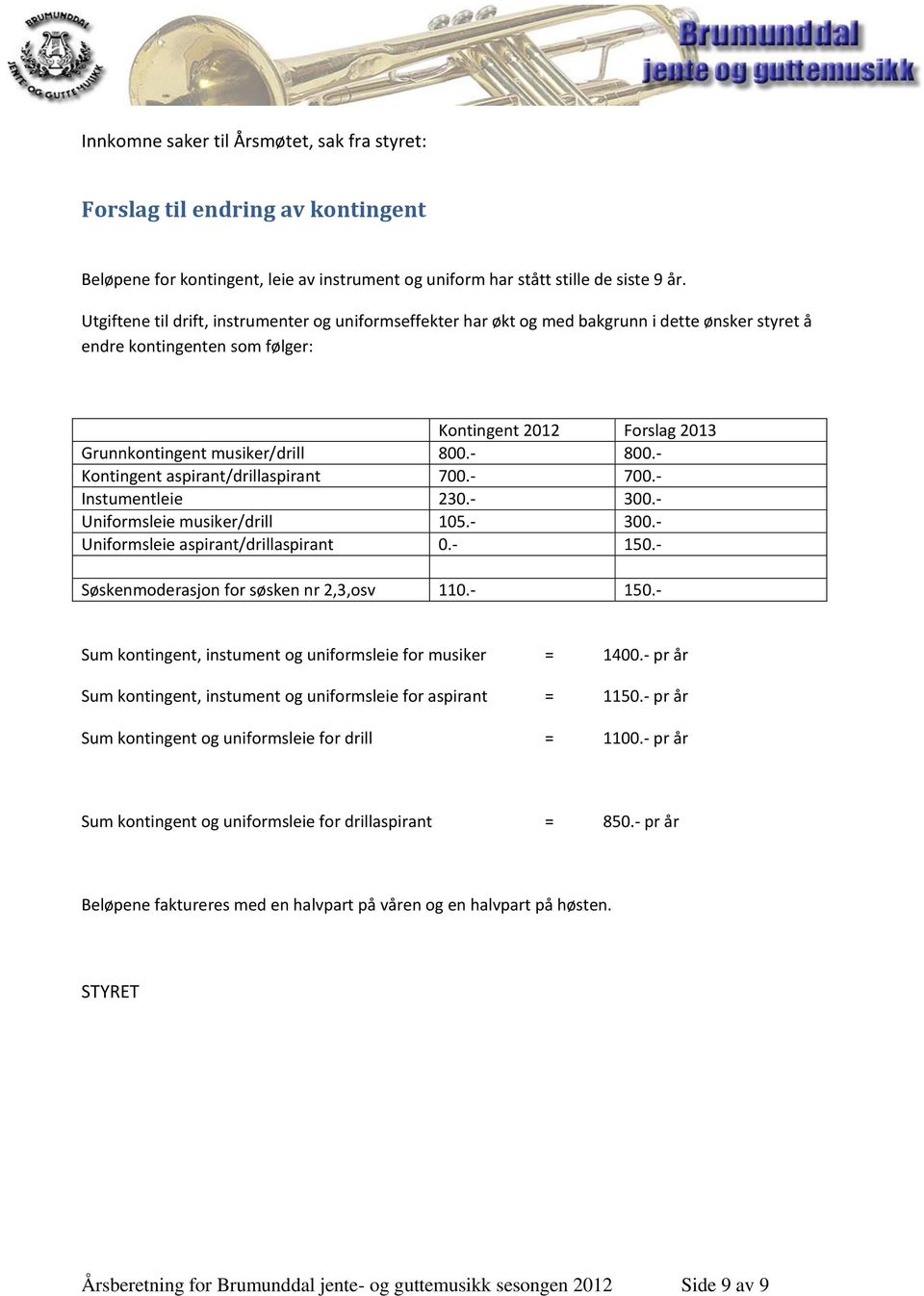 - 800.- Kontingent aspirant/drillaspirant 700.- 700.- Instumentleie 230.- 300.- Uniformsleie musiker/drill 105.- 300.- Uniformsleie aspirant/drillaspirant 0.- 150.