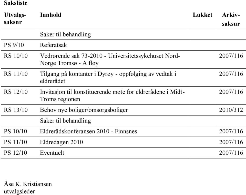 møte for eldrerådene i Midt- Troms regionen 2007/116 2007/116 2007/116 RS 13/10 Behov nye boliger/omsorgsboliger 2010/312 Saker til behandling