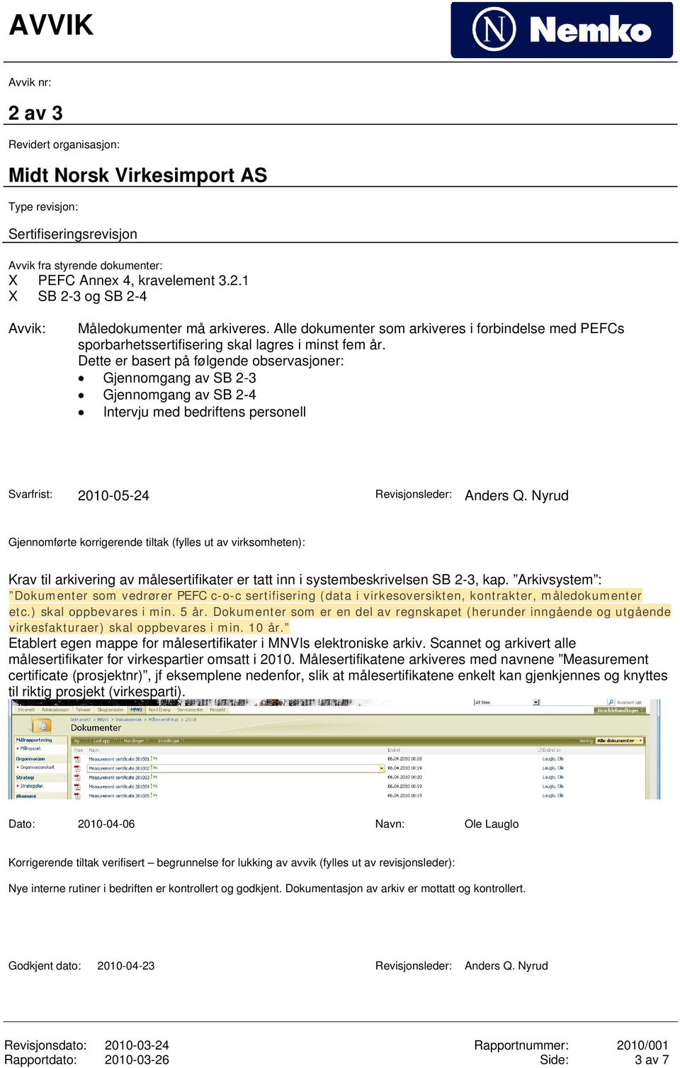 Dette er basert på følgende observasjoner: Gjennomgang av SB 2-3 Gjennomgang av SB 2-4 Intervju med bedriftens personell Svarfrist: 2010-05-24 Revisjonsleder: Anders Q.