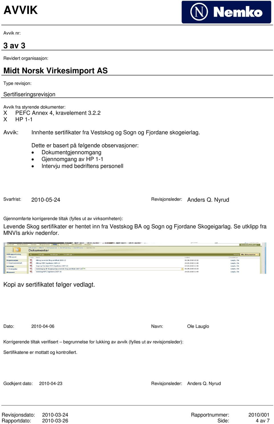 Dette er basert på følgende observasjoner: Dokumentgjennomgang Gjennomgang av HP 1-1 Intervju med bedriftens personell Svarfrist: 2010-05-24 Revisjonsleder: Anders Q.