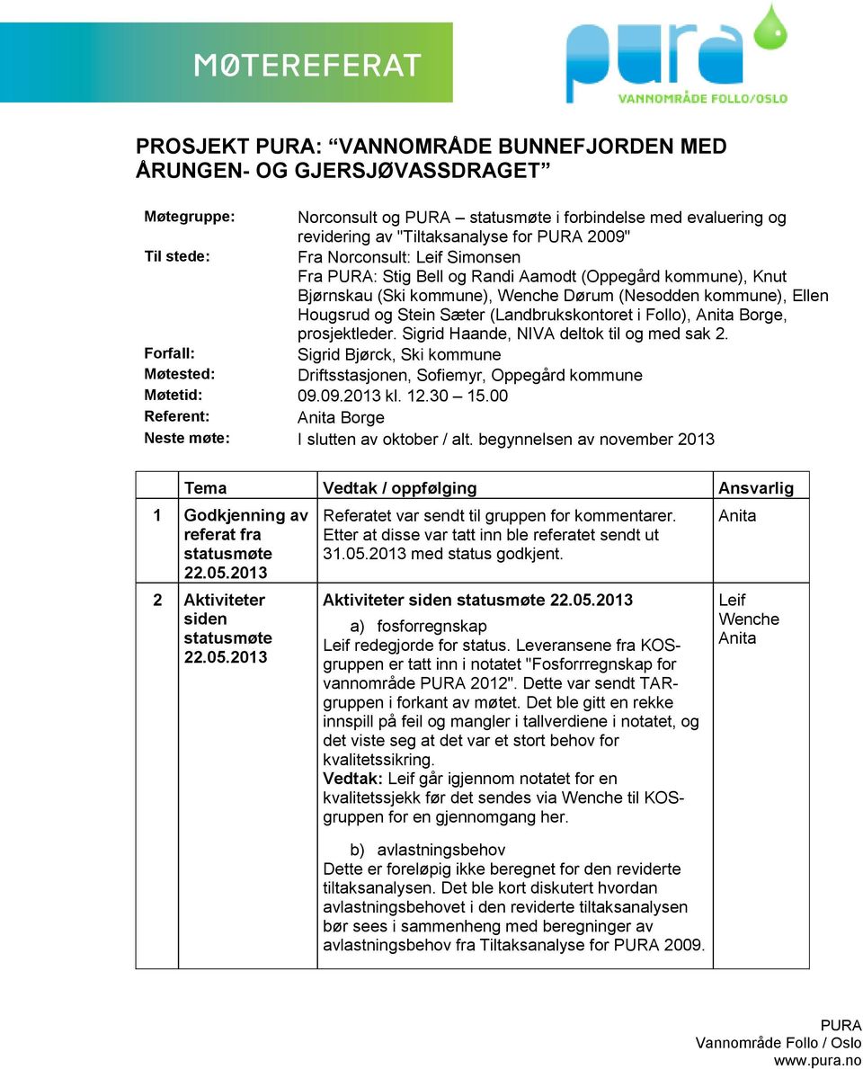 Borge, prosjektleder., NIVA deltok til og med sak 2. Forfall: Bjørck, Ski kommune Møtested: Driftsstasjonen, Sofiemyr, Oppegård kommune Møtetid: 09.09.2013 kl. 12.30 15.