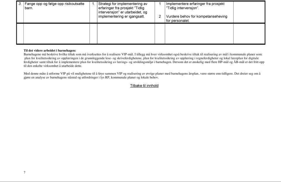 Til det videre arbeidet i barnehagen: Barnehagene må beskrive hvilke tiltak som må iverksettes for å realisere VIP-mål.