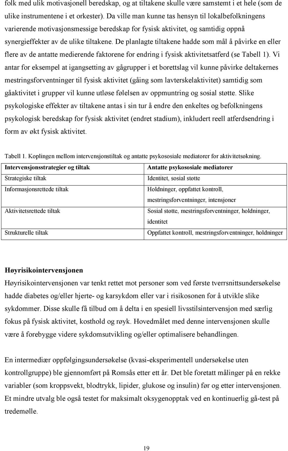 De planlagte tiltakene hadde som mål å påvirke en eller flere av de antatte medierende faktorene for endring i fysisk aktivitetsatferd (se Tabell 1).