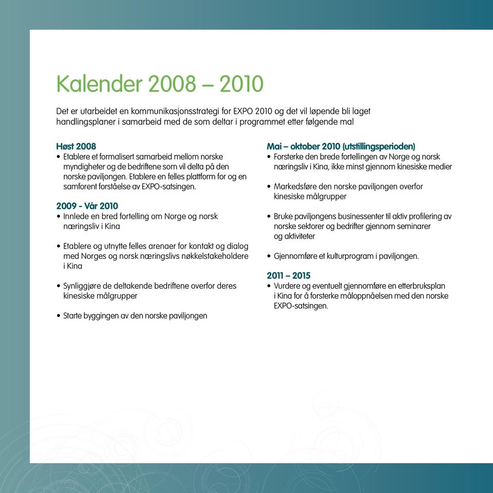 2009 - Vår 2010 Innlede en bred fortelling om Norge og norsk næringsliv i Kina Etablere og utnytte felles arenaer for kontakt og dialog med Norges og norsk næringslivs nøkkelstakeholdere i Kina