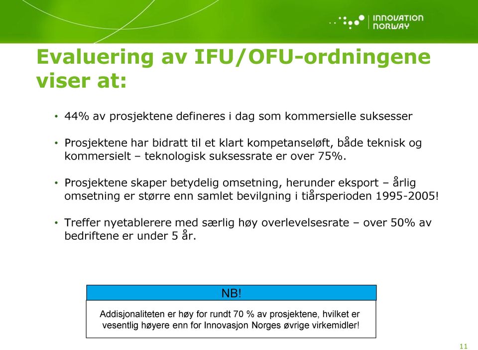 Prosjektene skaper betydelig omsetning, herunder eksport årlig omsetning er større enn samlet bevilgning i tiårsperioden 1995-2005!