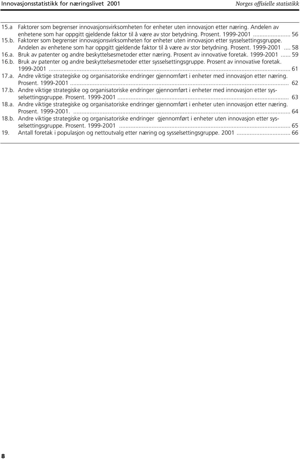 Andelen av enhetene som har oppgitt gjeldende faktor til å være av stor betydning. Prosent. 1999-2001... 58 16.a. Bruk av patenter og andre beskyttelsesmetoder etter næring.