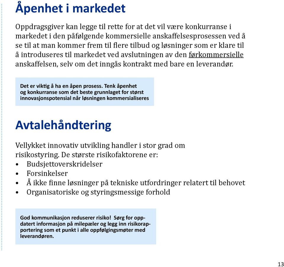 Tenk åpenhet og konkurranse som det beste grunnlaget for størst innovasjonspotensial når løsningen kommersialiseres Avtalehåndtering Vellykket innovativ utvikling handler i stor grad om risikostyring.