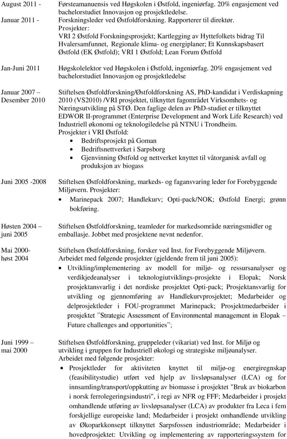 Prosjekter: VRI 2 Østfold Forskningsprosjekt; Kartlegging av Hyttefolkets bidrag Til Hvalersamfunnet, Regionale klima- og energiplaner; Et Kunnskapsbasert Østfold (EK Østfold); VRI 1 Østfold; Lean