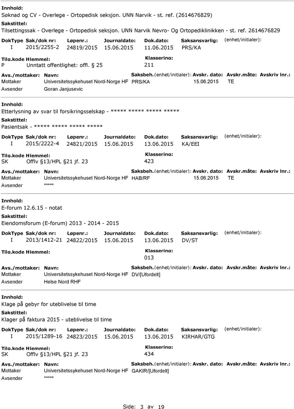 2015 KA/EE Mottaker niversitetssykehuset Nord-Norge HF HAB/RF TE ***** E-forum 12.6.15 - notat Eiendomsforum (E-forum) 2013-2014 - 2015 2013/1412-21 24822/2015 13.06.