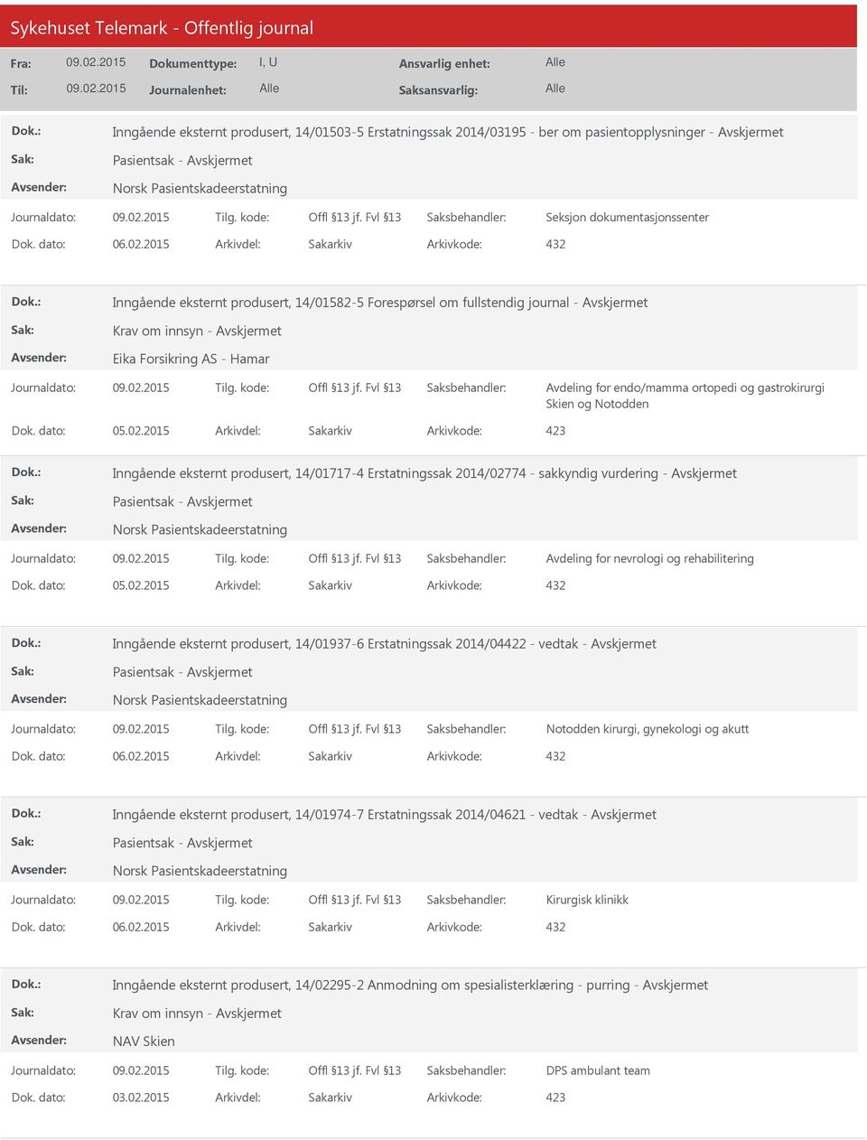 Avdeling for nevrologi og rehabilitering Inngående eksternt produsert, 14/01937-6 Erstatningssak 2014/04422 - vedtak - Notodden kirurgi, gynekologi og akutt Inngående eksternt