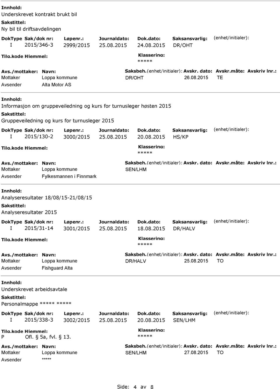 /mottaker: Navn: Saksbeh. Avskr. dato: Avskr.måte: Avskriv lnr.: Avsender Fylkesmannen i Finnmark nnhold: Analyseresultater 18/08/15-21/08/15 Analyseresultater 2015 2015/31-14 3001/2015 18.08.2015 Avs.