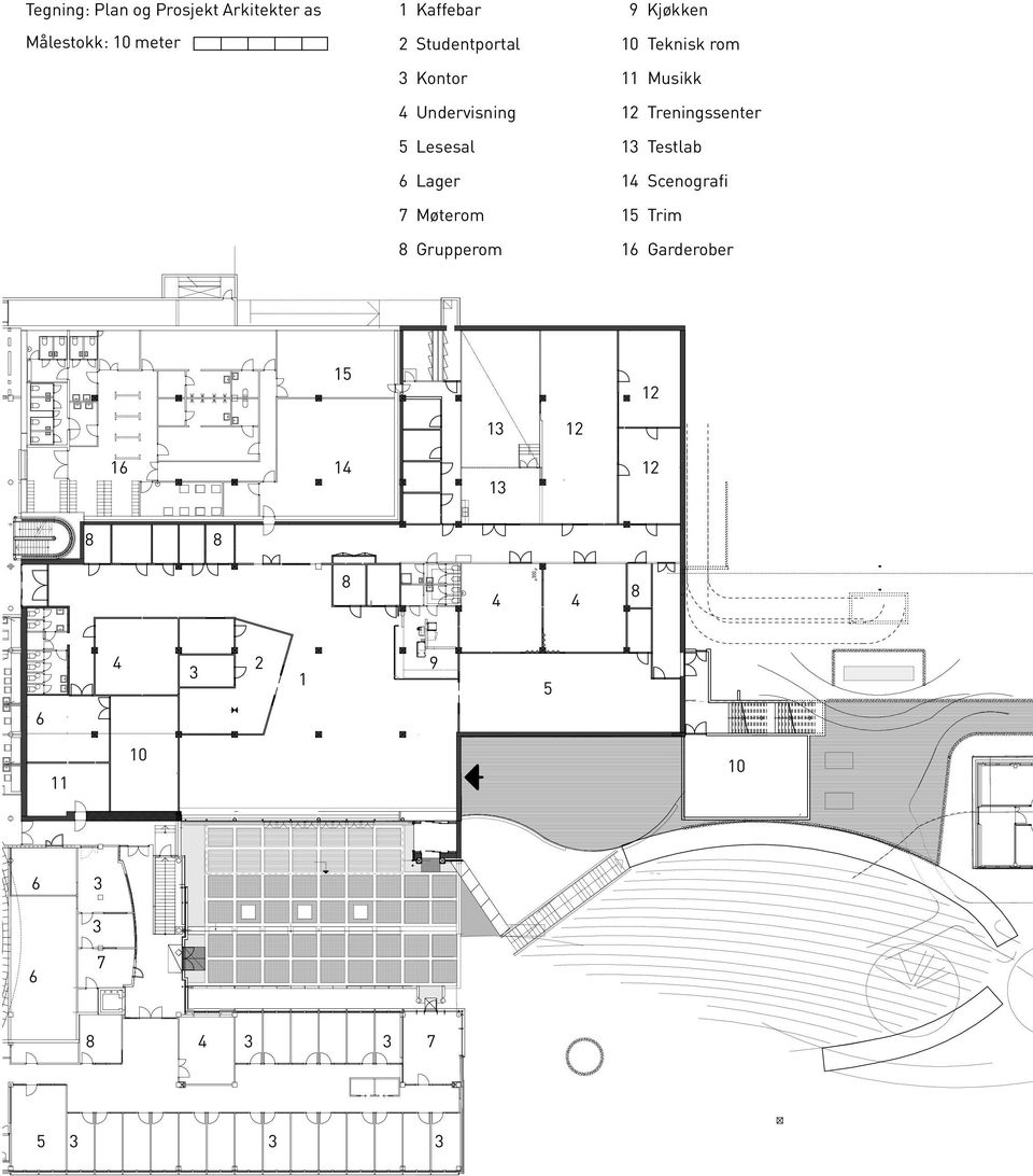 8 Grupperom 9 Kjøkken 10 Teknisk rom 11 Musikk 12 Treningssenter 13 Testlab 14 Scenografi 15 Trim