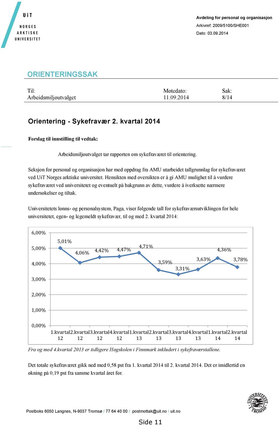 Seksjon for personal og organisasjon har med oppdrag fra AMU utarbeidet tallgrunnlag for sykefraværet ved UiT Norges arktiske universitet.