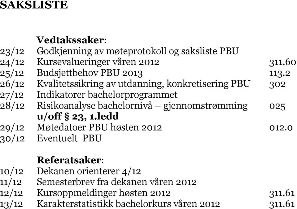 2 26/12 Kvalitetssikring av utdanning, konkretisering PBU 302 27/12 Indikatorer bachelorprogrammet 28/12 Risikoanalyse bachelornivå