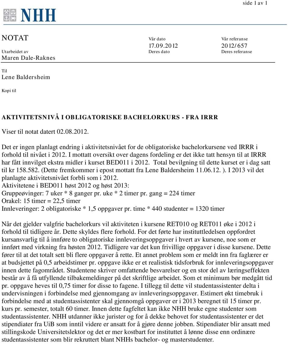 I mottatt oversikt over dagens fordeling er det ikke tatt hensyn til at IRRR har fått innvilget ekstra midler i kurset BED011 i 2012. Total bevilgning til dette kurset er i dag satt til kr 158.582.