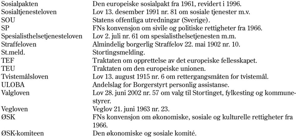 mai 1902 nr. 10. St.meld. Stortingsmelding. TEF Traktaten om opprettelse av det europeiske fellesskapet. TEU Traktaten om den europeiske unionen. Tvistemålsloven Lov 13. august 1915 nr.