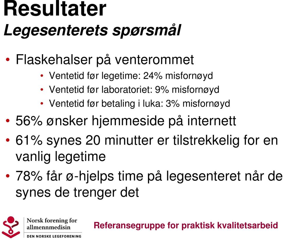 3% misfornøyd 56% ønsker hjemmeside på internett 61% synes 20 minutter er