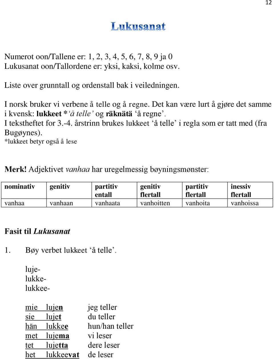 årstrinn brukes lukkeet å telle i regla som er tatt med (fra Bugøynes). *lukkeet betyr også å lese Merk!