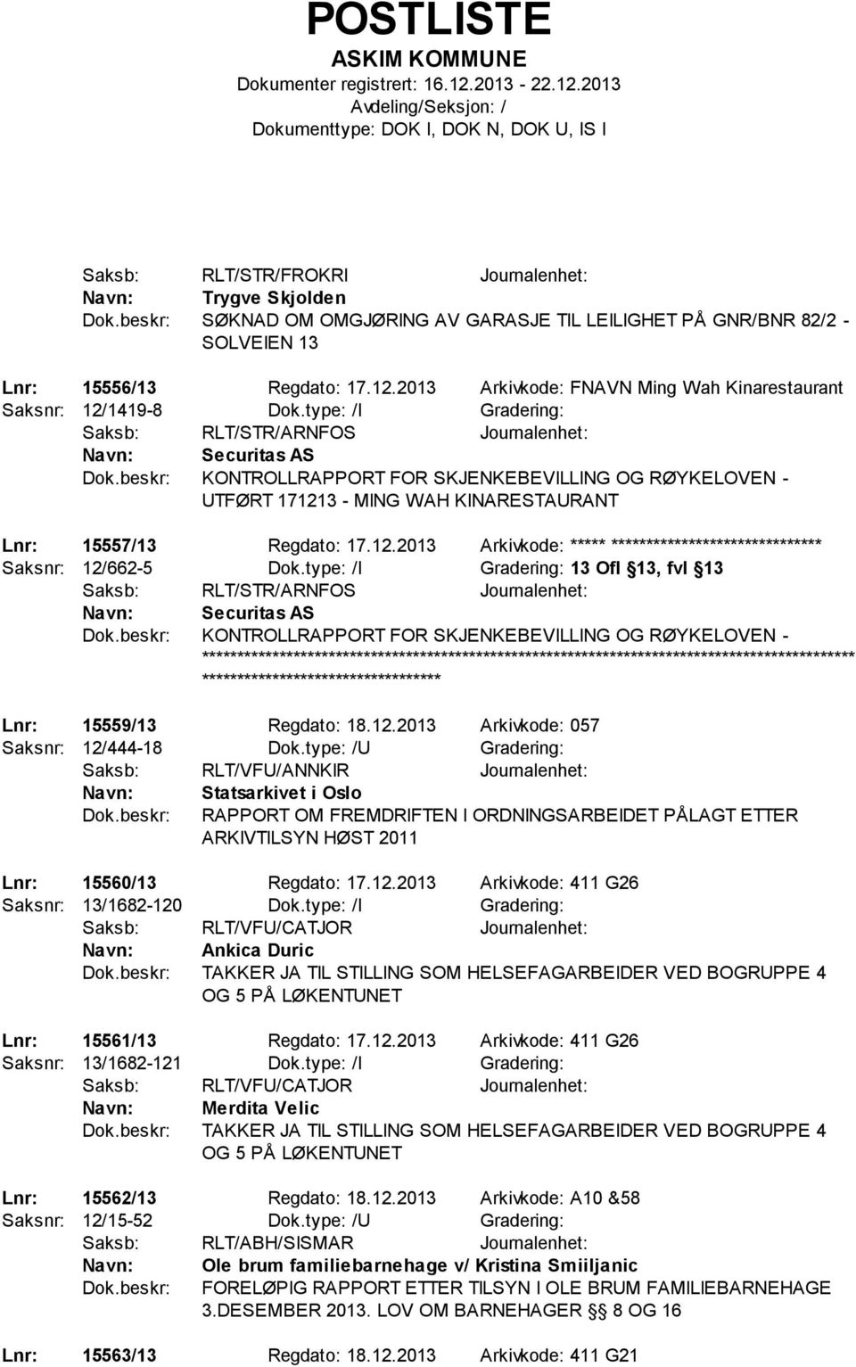 type: /I Gradering: Saksb: RLT/STR/ARNFOS Journalenhet: Securitas AS KONTROLLRAPPORT FOR SKJENKEBEVILLING OG RØYKELOVEN - UTFØRT 17121