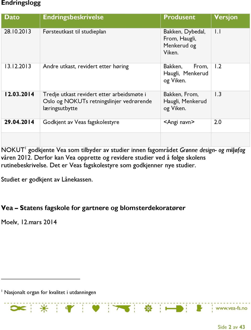 2014 Tredje utkast revidert etter arbeidsmøte i Oslo og NOKUTs retningslinjer vedrørende læringsutbytte Bakken, From, Haugli, Menkerud og Viken. 1.3 29.04.