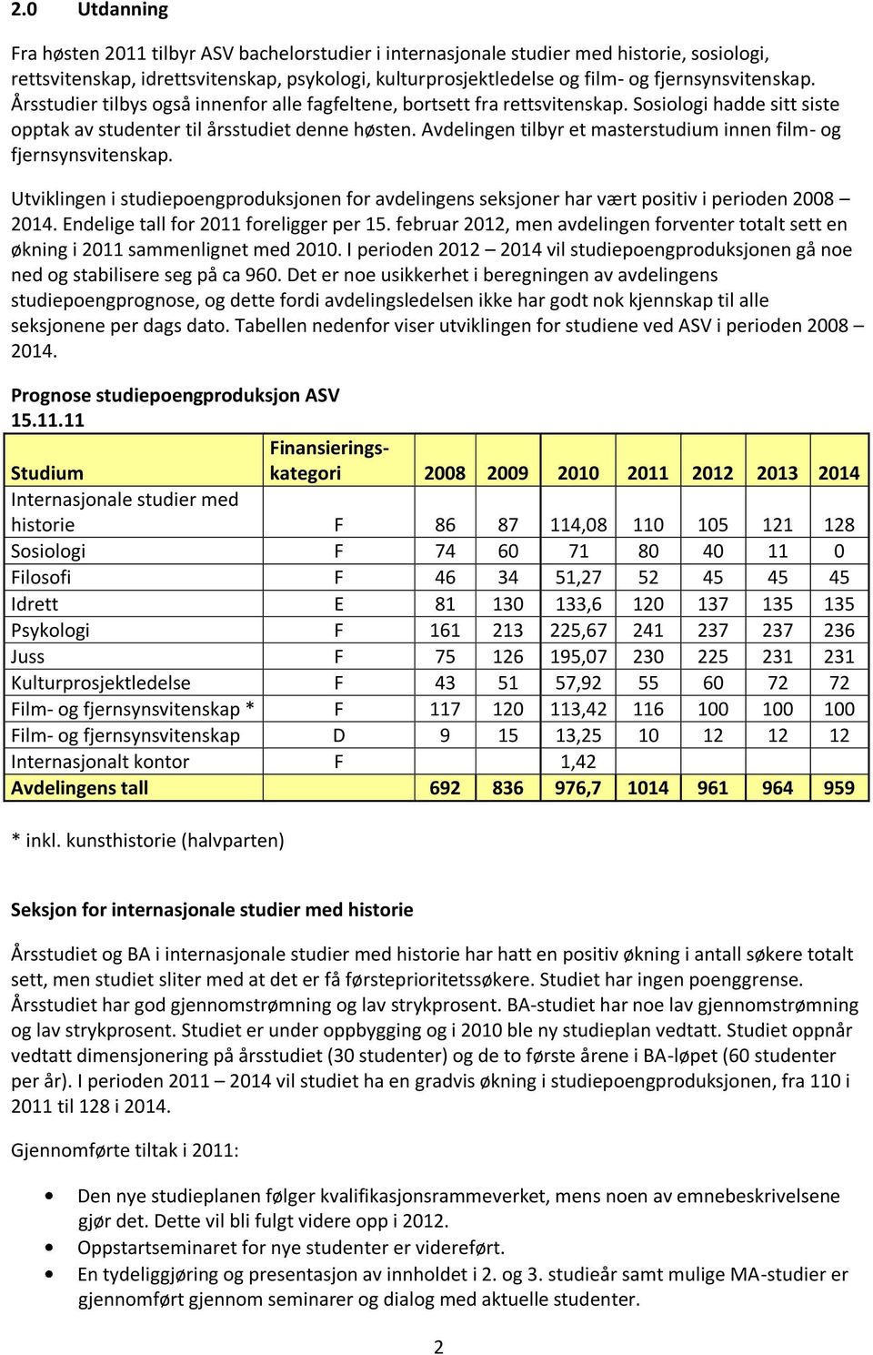 Avdelingen tilbyr et masterstudium innen film- og fjernsynsvitenskap. Utviklingen i studiepoengproduksjonen for avdelingens seksjoner har vært positiv i perioden 2008 2014.