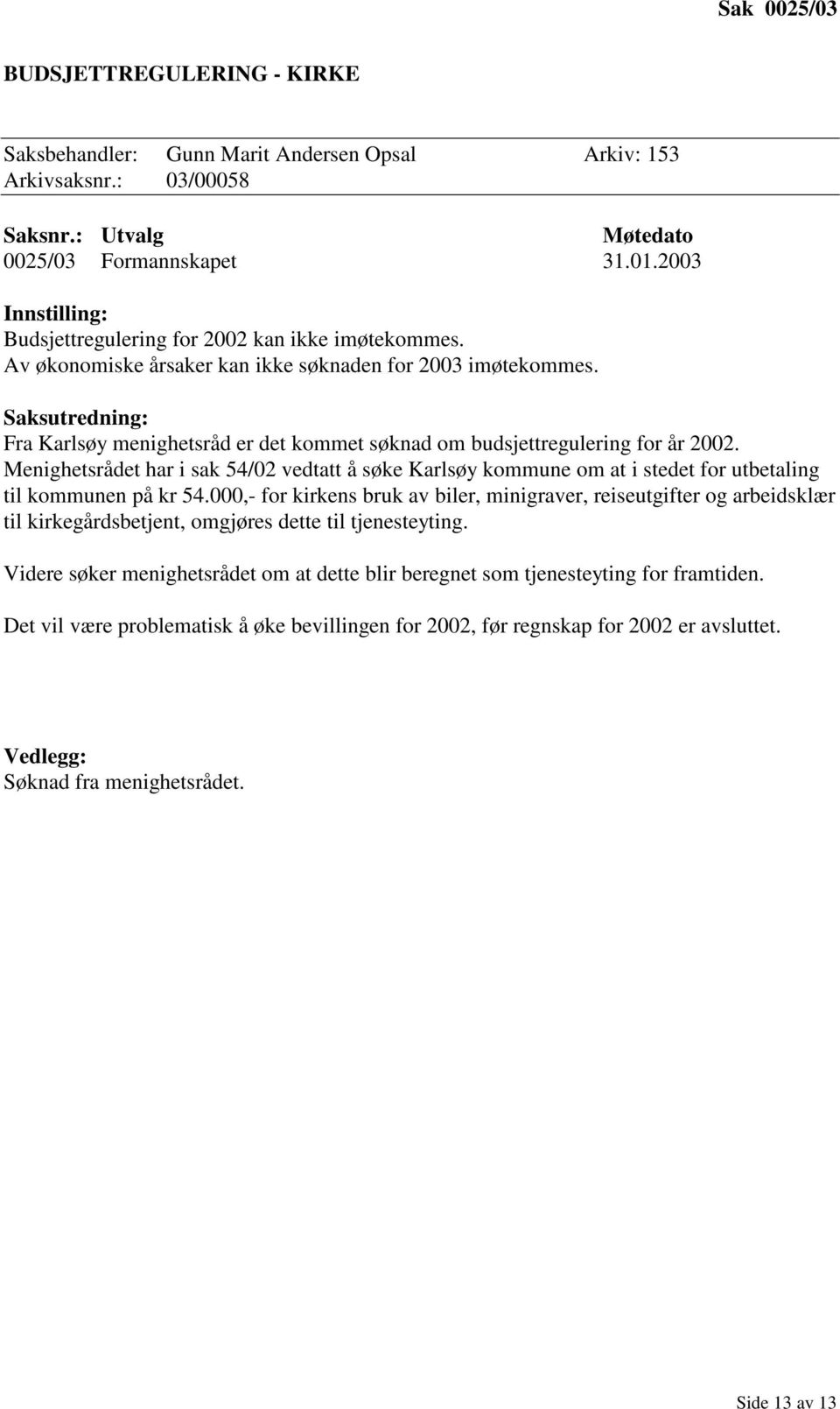 Menighetsrådet har i sak 54/2 vedtatt å søke Karlsøy kommune om at i stedet for utbetaling til kommunen på kr 54.