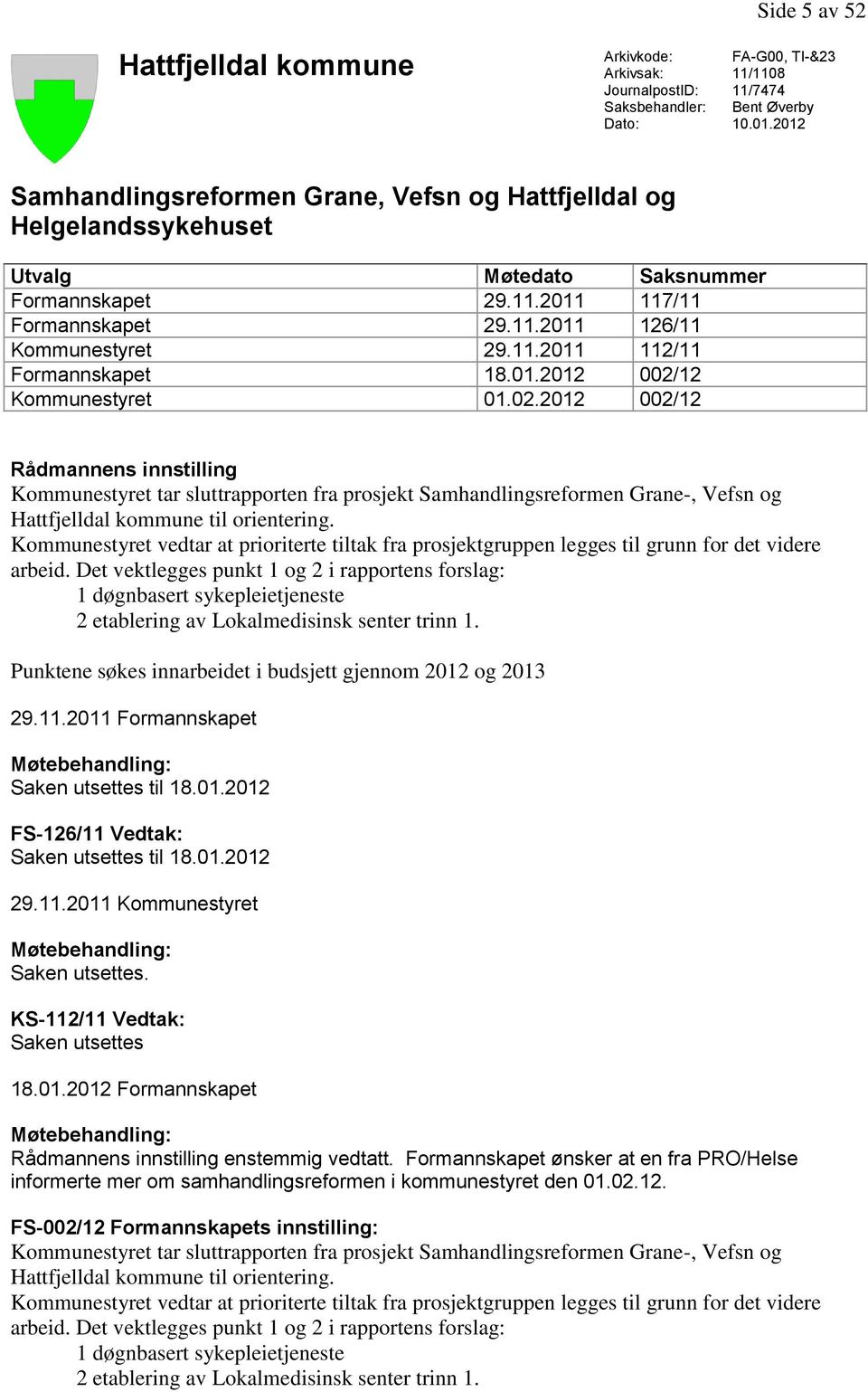 01.2012 002/12 Kommunestyret 01.02.2012 002/12 Rådmannens innstilling Kommunestyret tar sluttrapporten fra prosjekt Samhandlingsreformen Grane-, Vefsn og Hattfjelldal kommune til orientering.