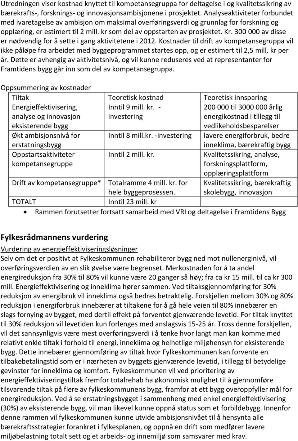 300 000 av disse er nødvendig for å sette i gang aktivitetene i 2012. Kostnader til drift av kompetansegruppa vil ikke påløpe fra arbeidet med byggeprogrammet startes opp, og er estimert til 2,5 mill.