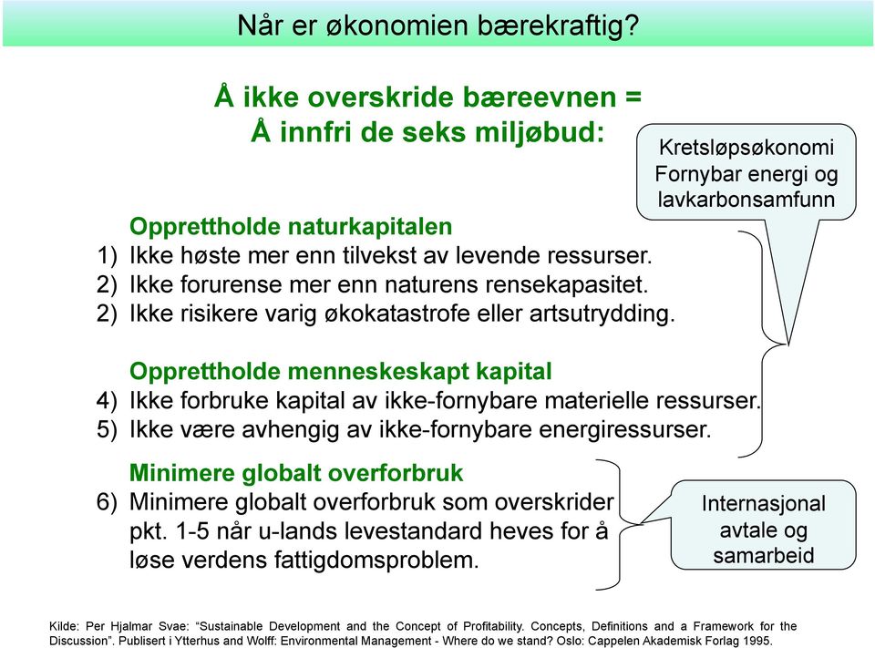 Kretsløpsøkonomi Fornybar energi og lavkarbonsamfunn Opprettholde menneskeskapt kapital 4) Ikke forbruke kapital av ikke-fornybare materielle ressurser.