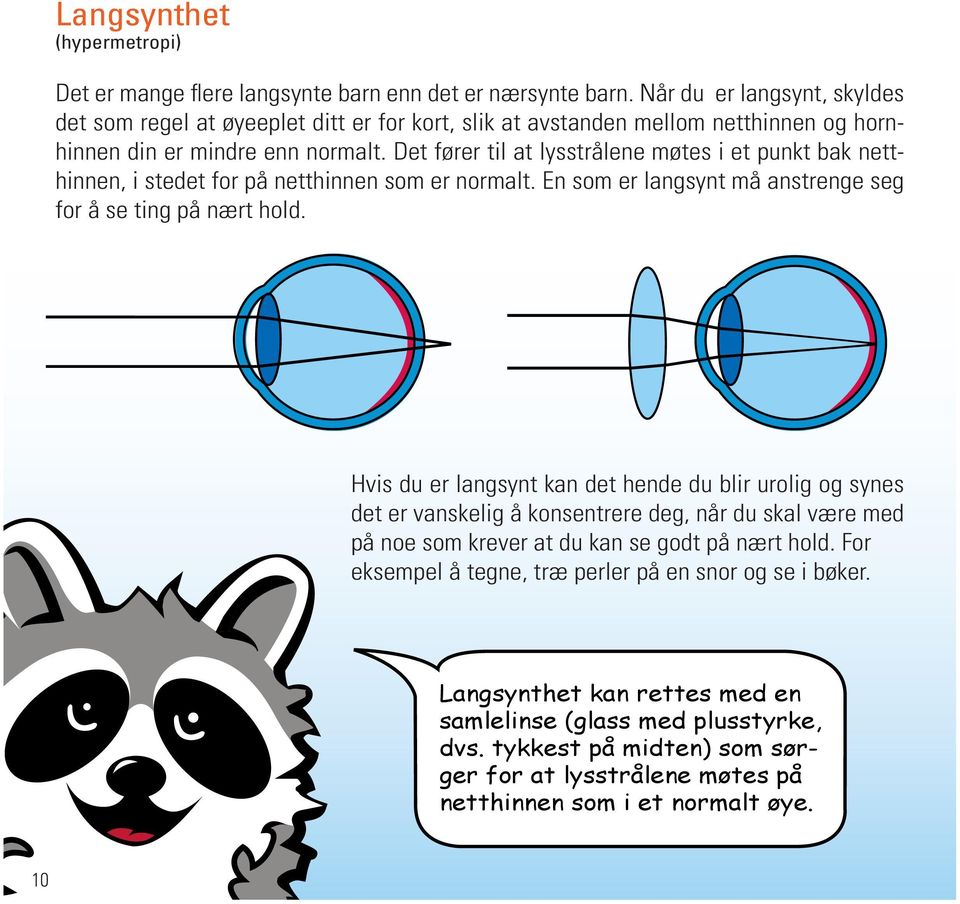 Det fører til at lysstrålene møtes i et punkt bak netthinnen, i stedet for på netthinnen som er normalt. En som er langsynt må anstrenge seg for å se ting på nært hold.