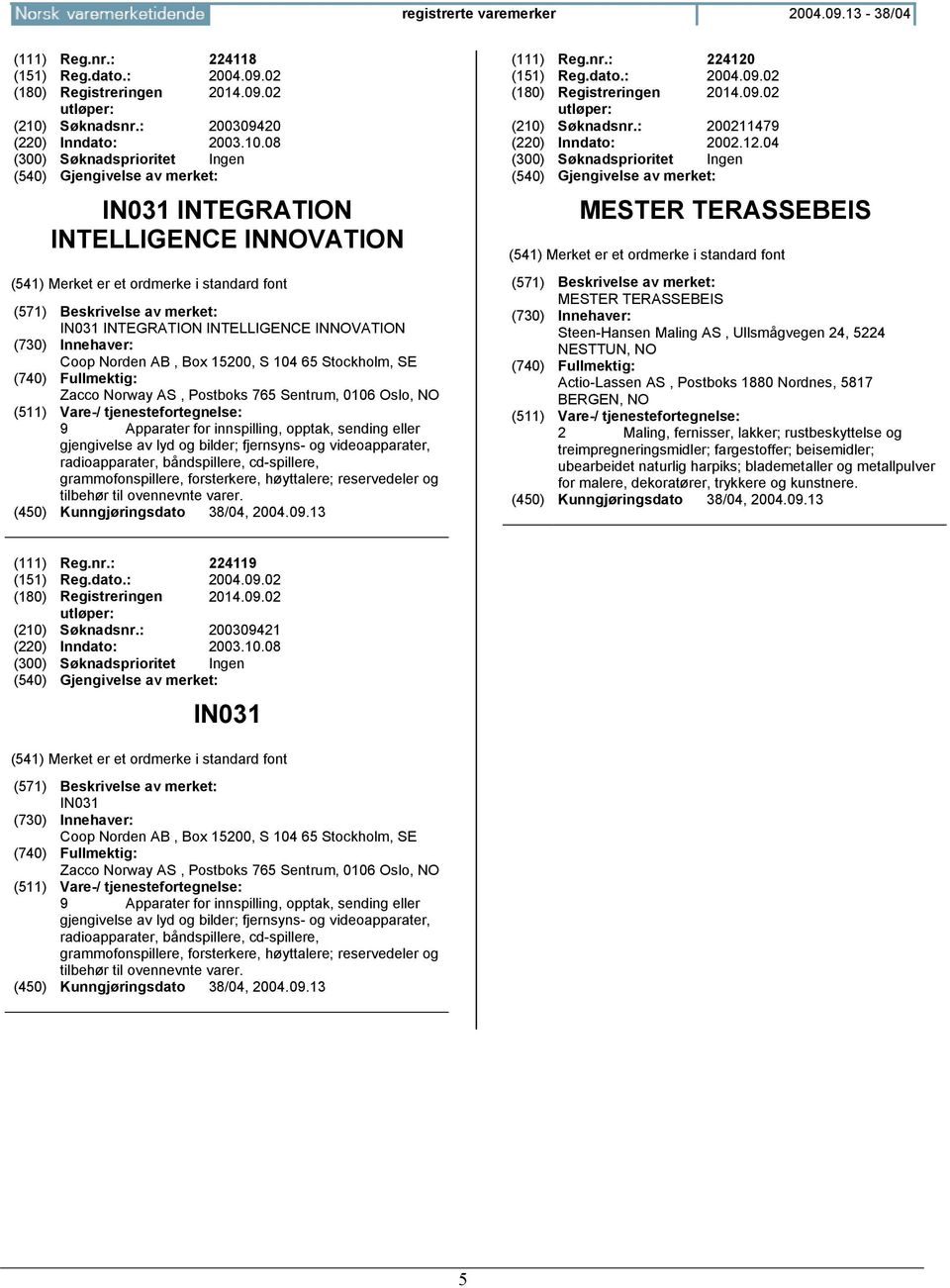 08 IN031 INTEGRATION INTELLIGENCE INVATION IN031 INTEGRATION INTELLIGENCE INVATION Coop Norden AB, Box 15200, S 104 65 Stockholm, SE Zacco Norway AS, Postboks 765 Sentrum, 0106 Oslo, 9 Apparater for