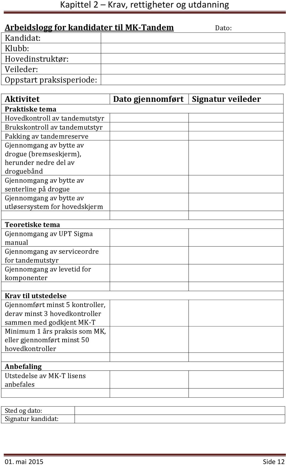 Gjennomgang av bytte av utløsersystem for hovedskjerm Teoretiske tema Gjennomgang av UPT Sigma manual Gjennomgang av serviceordre for tandemutstyr Gjennomgang av levetid for komponenter Krav til