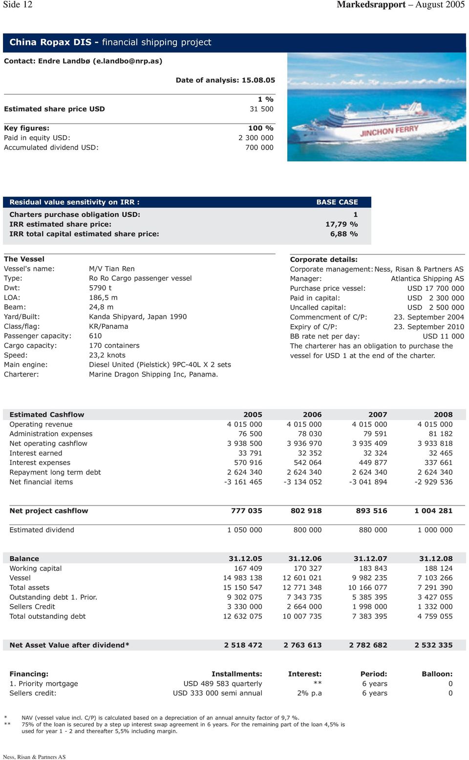 1 IRR estimated share price: 17,79 % IRR total capital estimated share price: 6,88 % The Vessel Vessel's name: M/V Tian Ren Type: Ro Ro Cargo passenger vessel Dwt: 5790 t LOA: 186,5 m Beam: 24,8 m