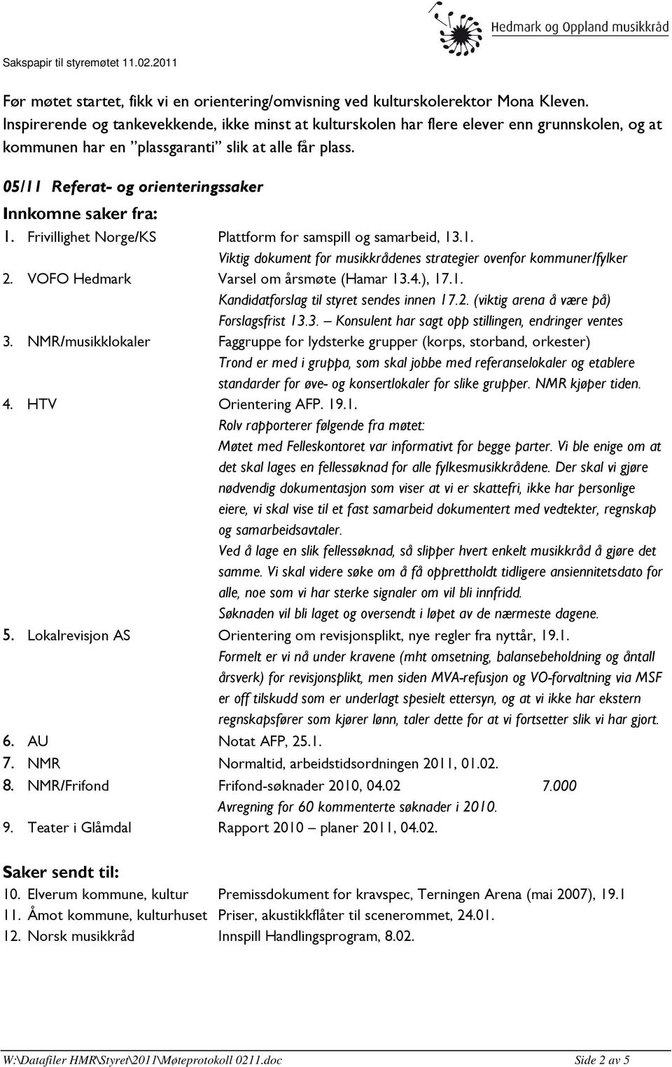 05/11 Referat- og orienteringssaker Innkomne saker fra: 1. Frivillighet Norge/KS Plattform for samspill og samarbeid, 13.1. Viktig dokument for musikkrådenes strategier ovenfor kommuner/fylker 2.