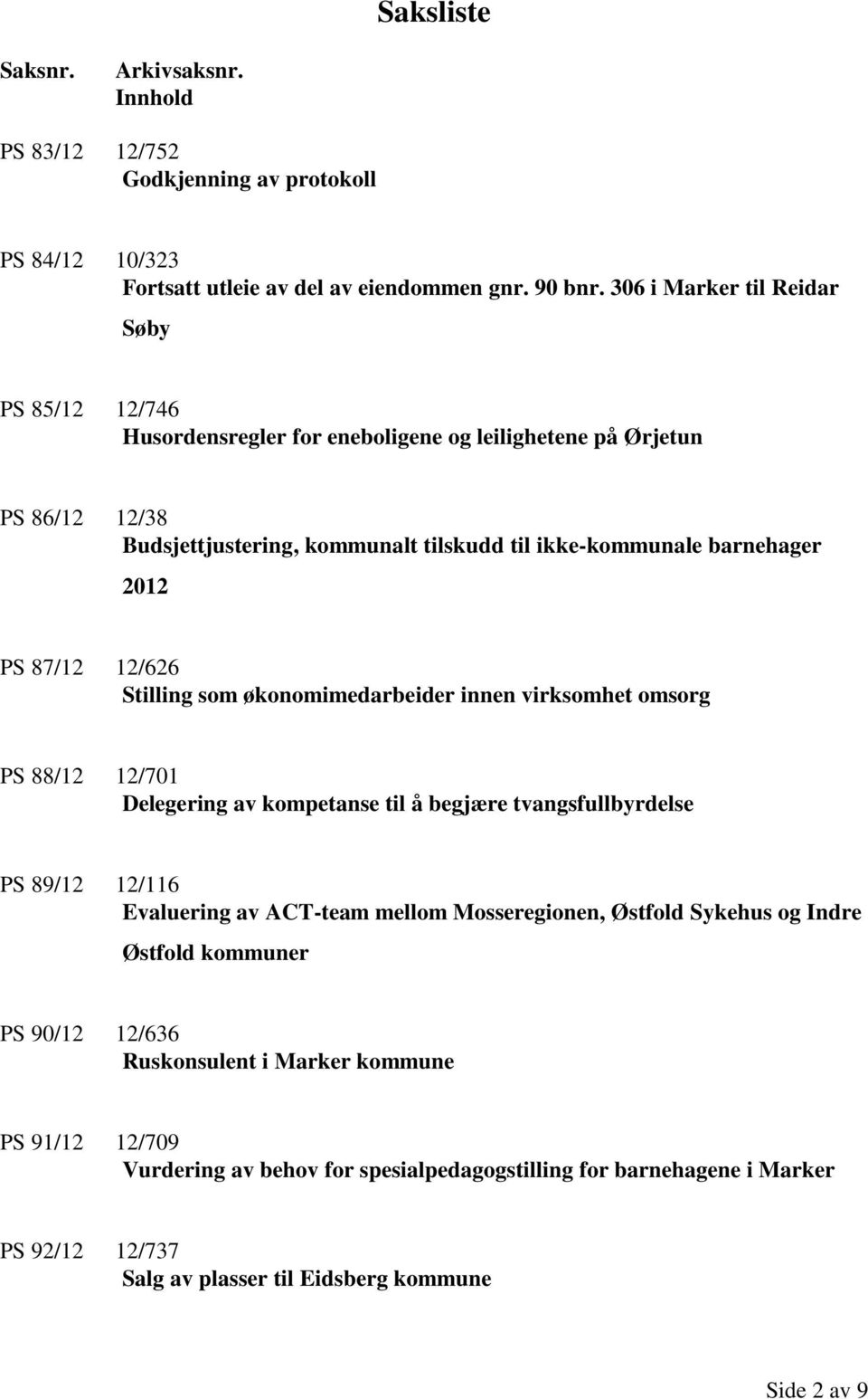 87/12 12/626 Stilling som økonomimedarbeider innen virksomhet omsorg PS 88/12 12/701 Delegering av kompetanse til å begjære tvangsfullbyrdelse PS 89/12 12/116 Evaluering av ACT-team mellom