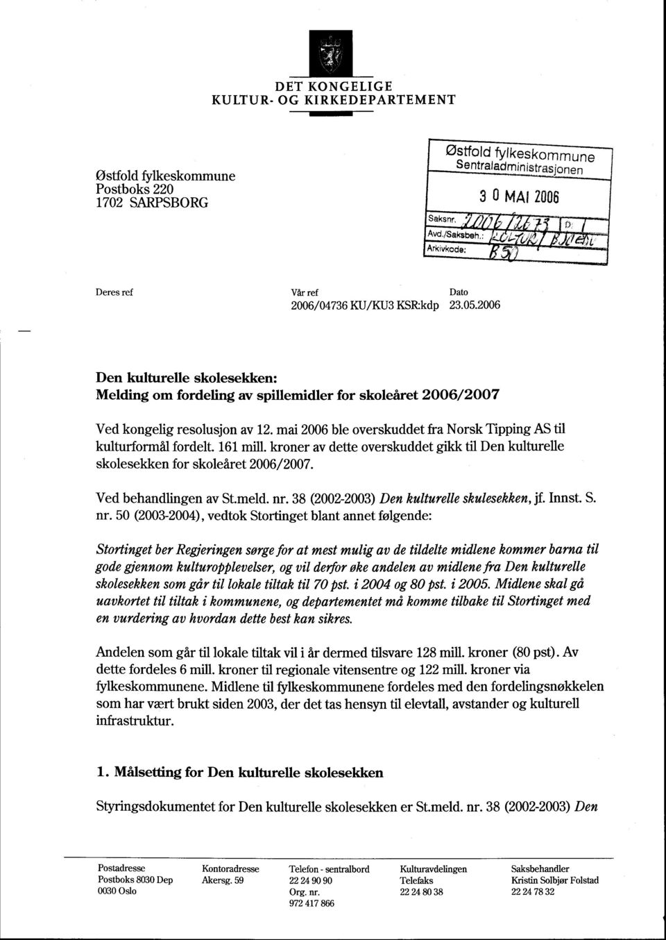 mai 2006 ble overskuddet fra NorskTipping AS til kulturformål fordelt. 161 mill, kroner av dette overskuddet gikk til Den kulturelle skolesekken for skoleåret 2006/2007. Ved behandlingen av St.meld.