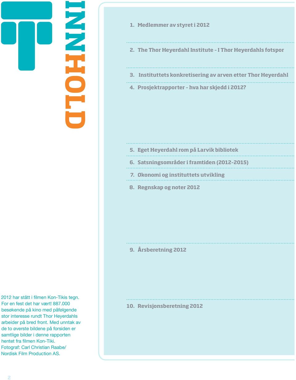 Regnskap og noter 2012 9. Årsberetning 2012 2012 har stått i filmen Kon-Tikis tegn. For en fest det har vært! 887.