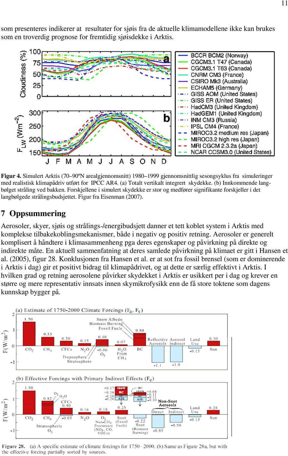 (b) Innkommende langbølget stråling ved bakken. Forskjellene i simulert skydekke er stor og medfører signifikante forskjeller i det langbølgede strålingsbudsjettet. Figur fra Eisenman (2007).